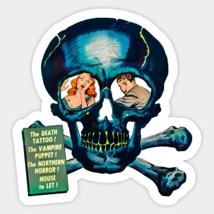 REVISTANGO #50 - The Death Tattoo—Terrified Couple Trapped Inside Glowing Blue Skull Beneath Ghostly Shadows in 1950s Vintage Pulp Horror Illustration of Fear and Atomic-Age Terror Sticker